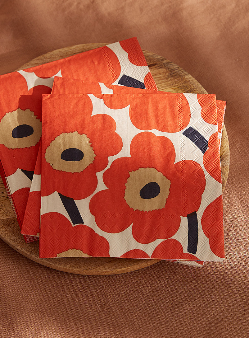 Marimekko: Les serviettes en papier fleurs oranges Unikko 16,5 x 16,5 cm. Paquet de 20. Assorti