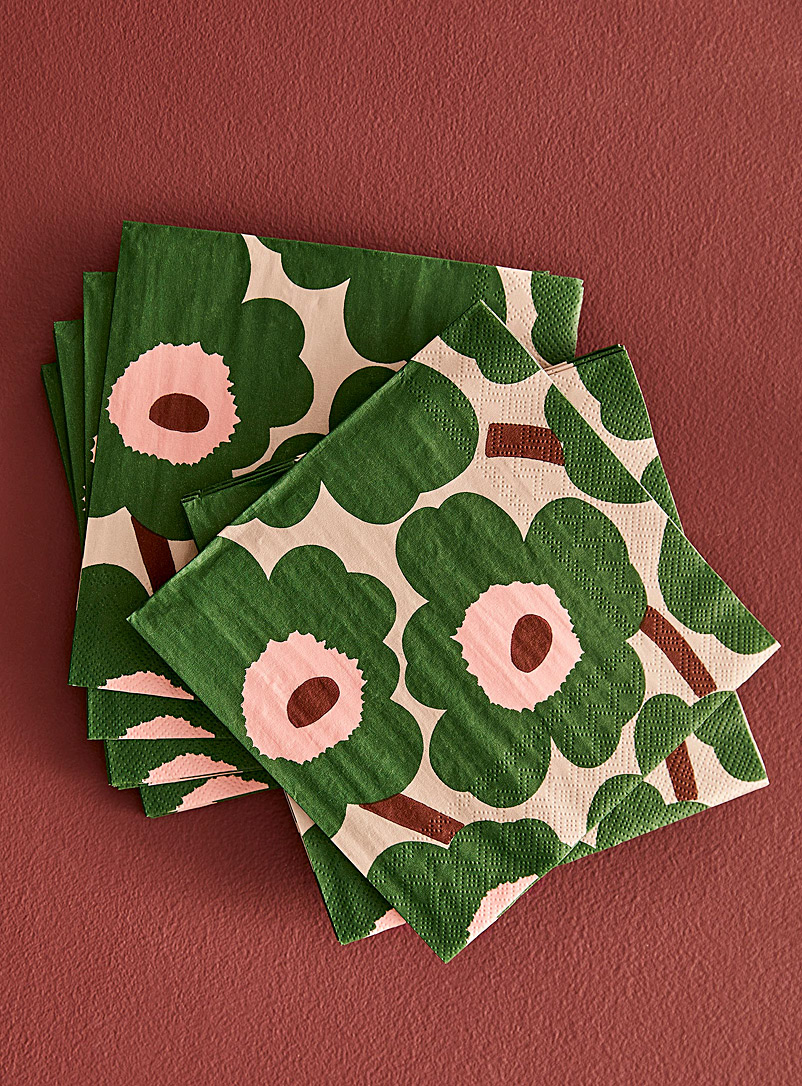 Marimekko: Les serviettes en papier fleurs vertes Unikko 16,5 x 16,5 cm. Paquet de 20. Vert à motifs
