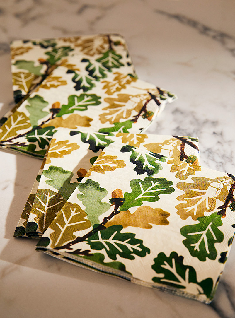 Simons Maison Patterned Ecru Oak leaves paper napkins 12.5 x 12.5 cm. Pack of 20.