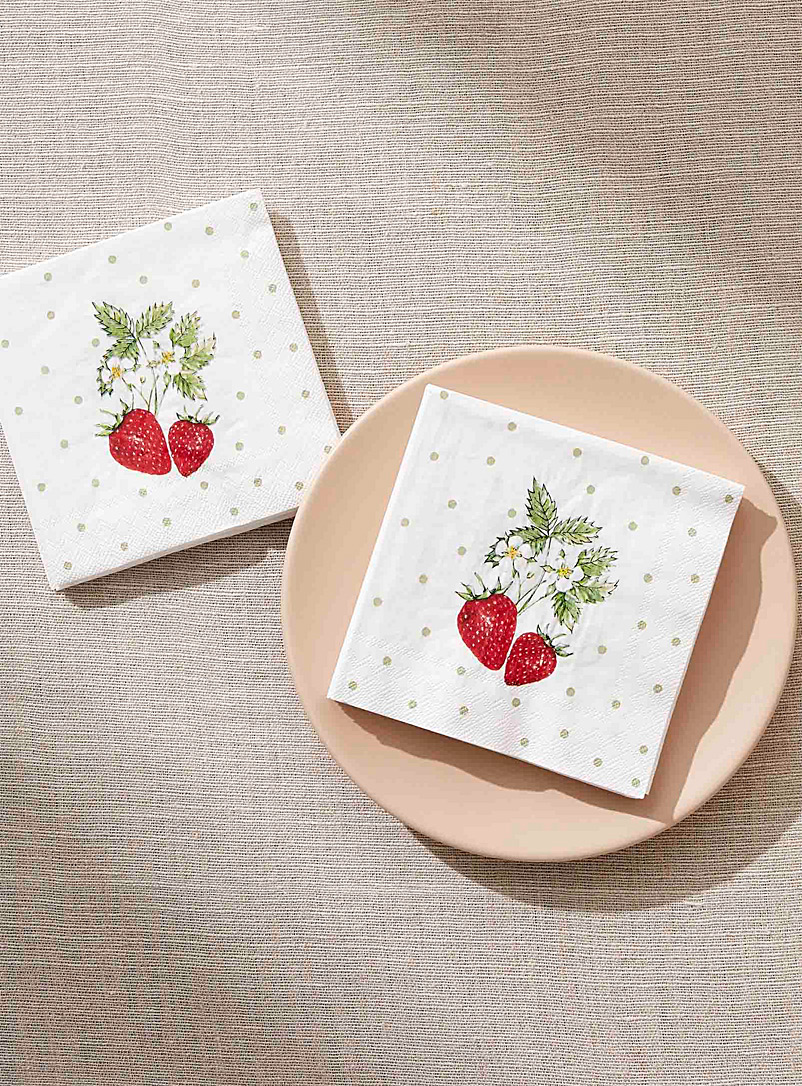 Simons Maison Patterned White Wild strawberries paper napkins 12.5 x 12.5 cm. Pack of 20.