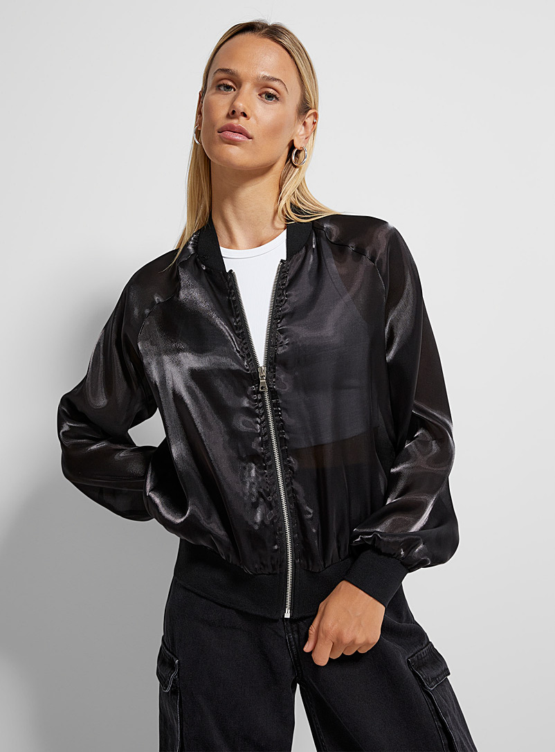 Icône Black Lustrous organza sheer bomber jacket for women