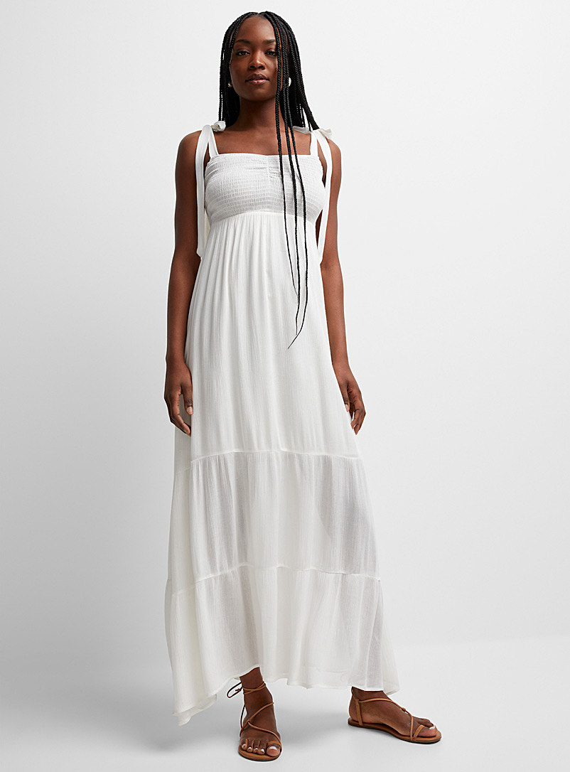 Icône: La longue robe étagée bretelles à nouer Blanc pour femme
