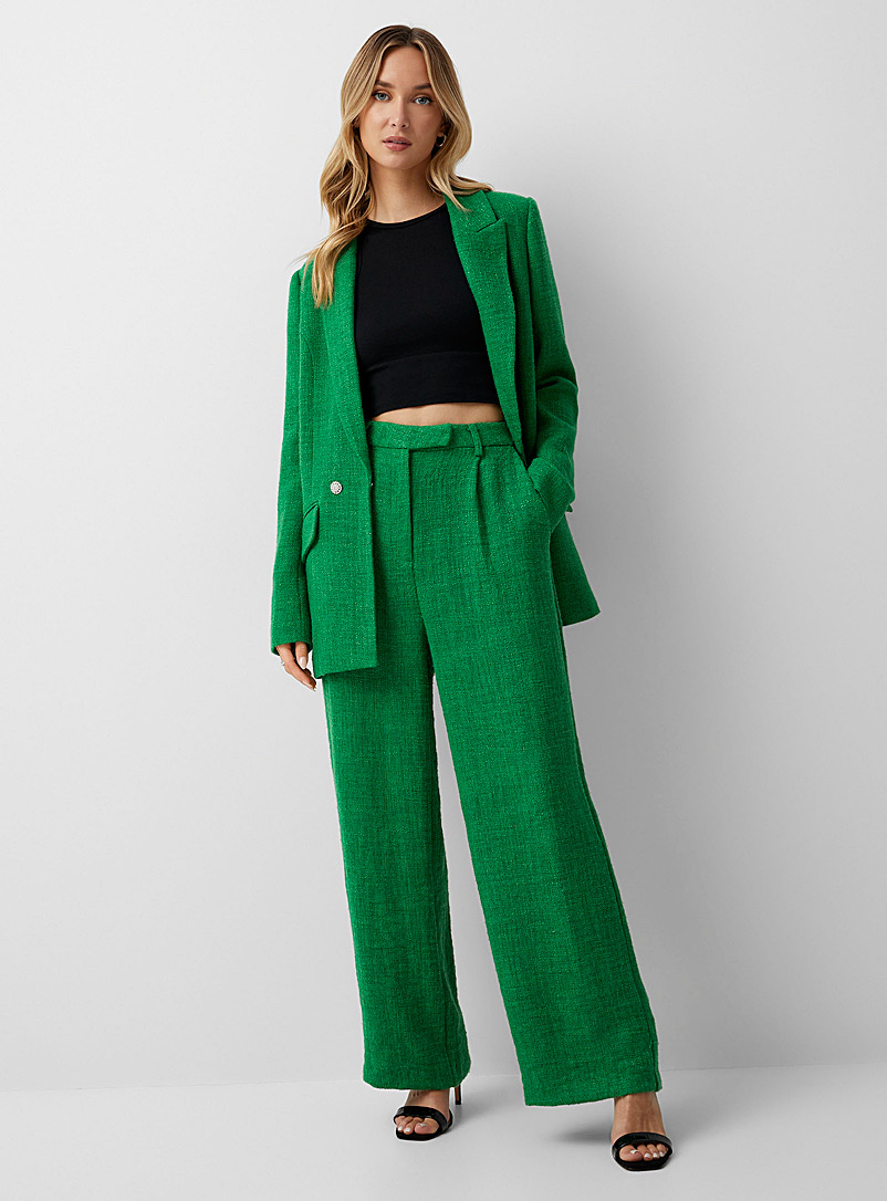 Icône Green  Wide-leg tweed pleated Kelly green pant for women