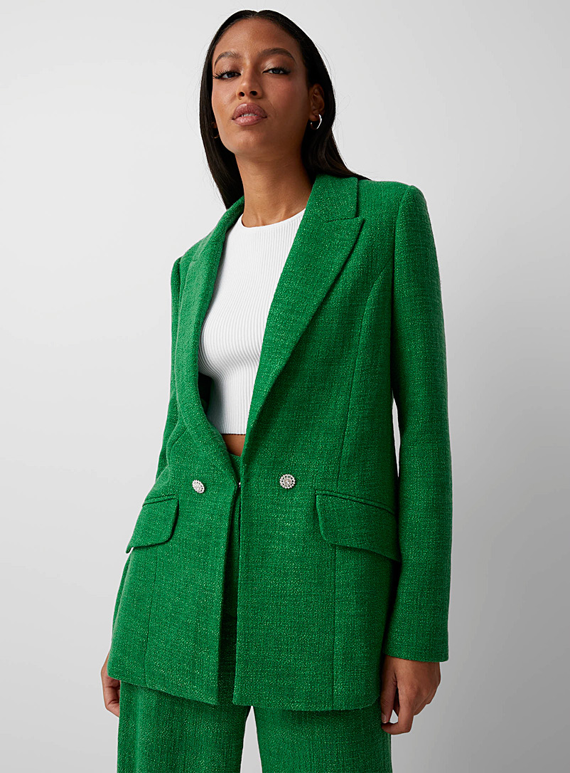 Icône: Le veston tweed vert irlandais boutons bijoux Vert pour femme
