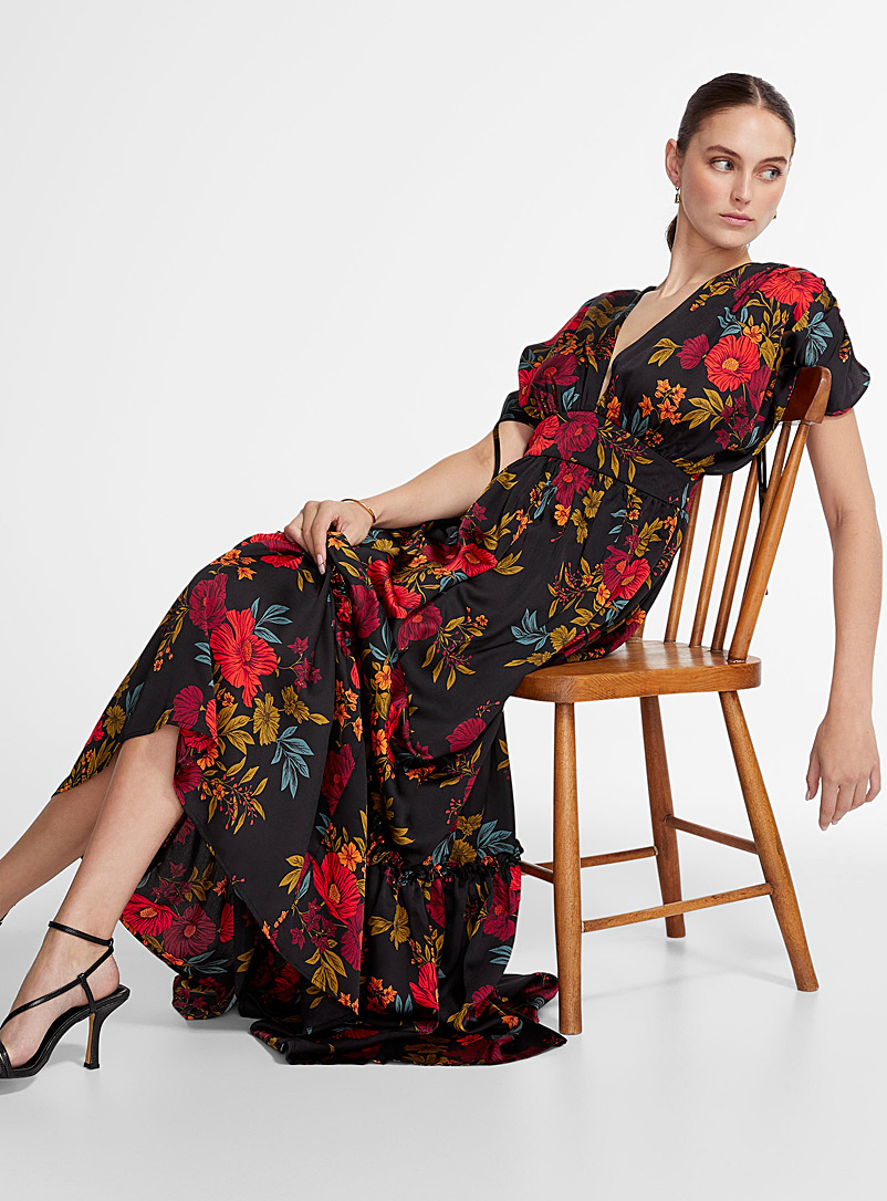 Icône: La robe maxi fleurs ardentes Noir à motifs pour femme