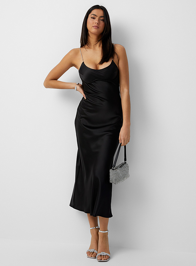 Icône Black Crystal straps satiny dress for women