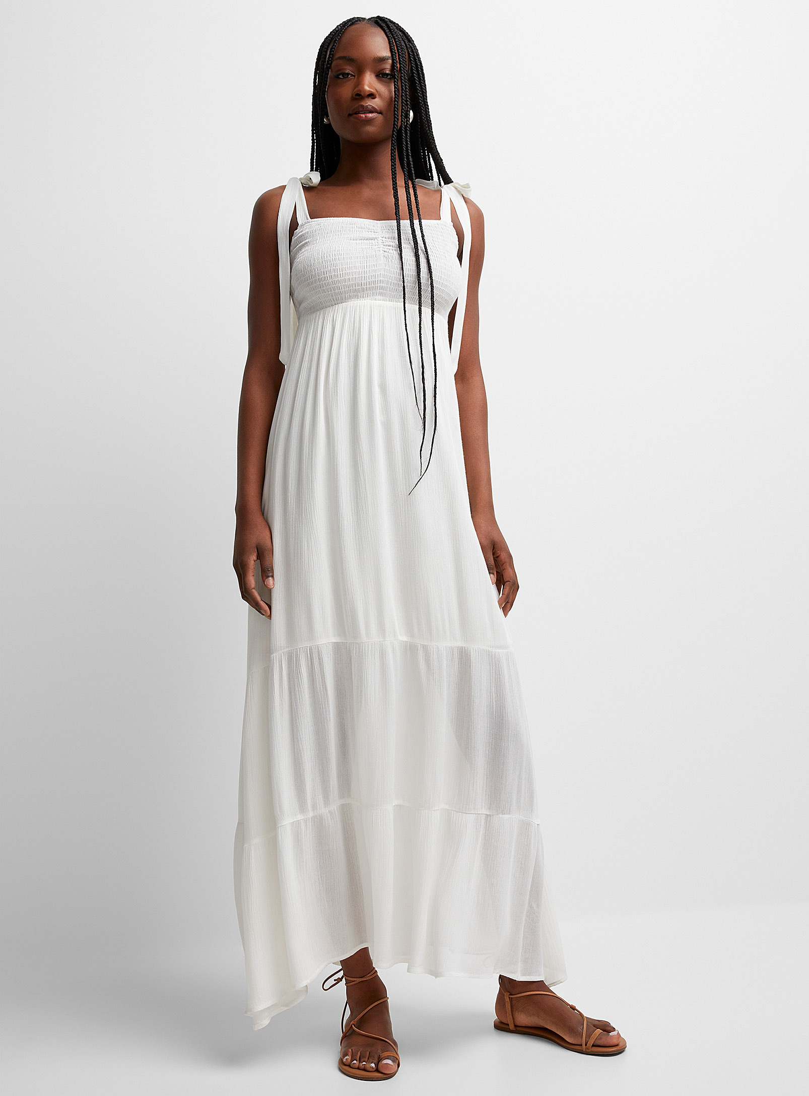 Icone Tie Straps Long Tiered Dress In White