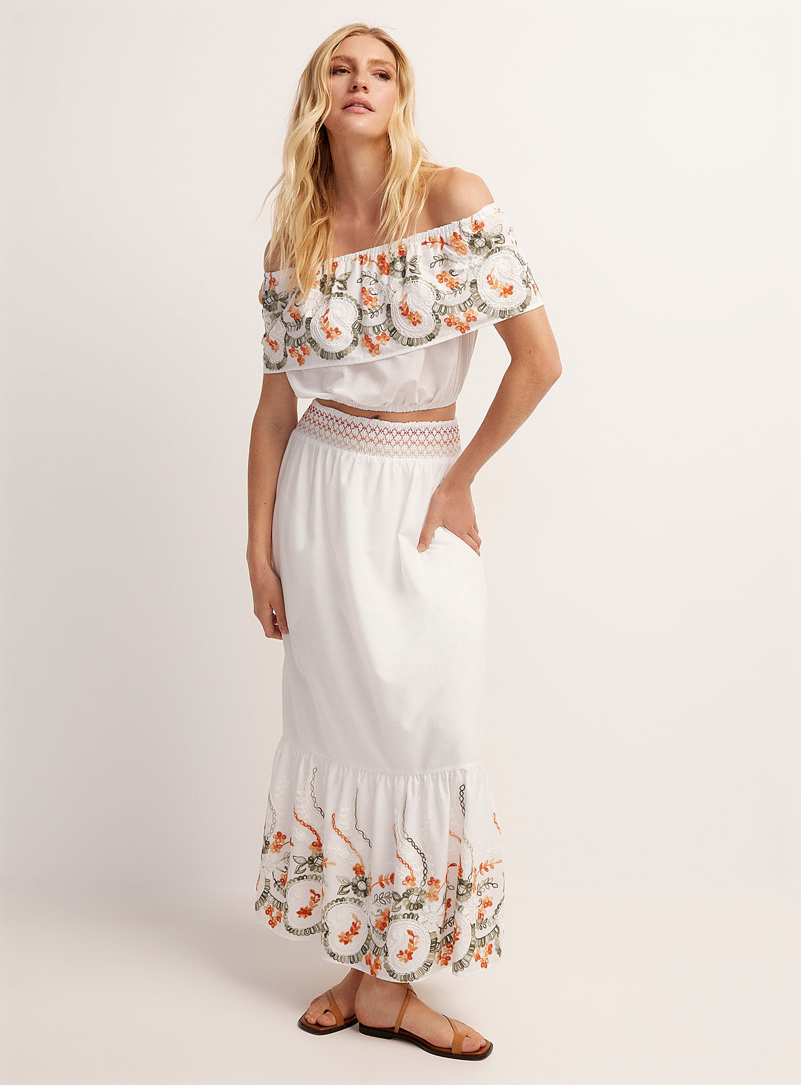 Icone Large Ruffle Embroidered Maxi Skirt In White