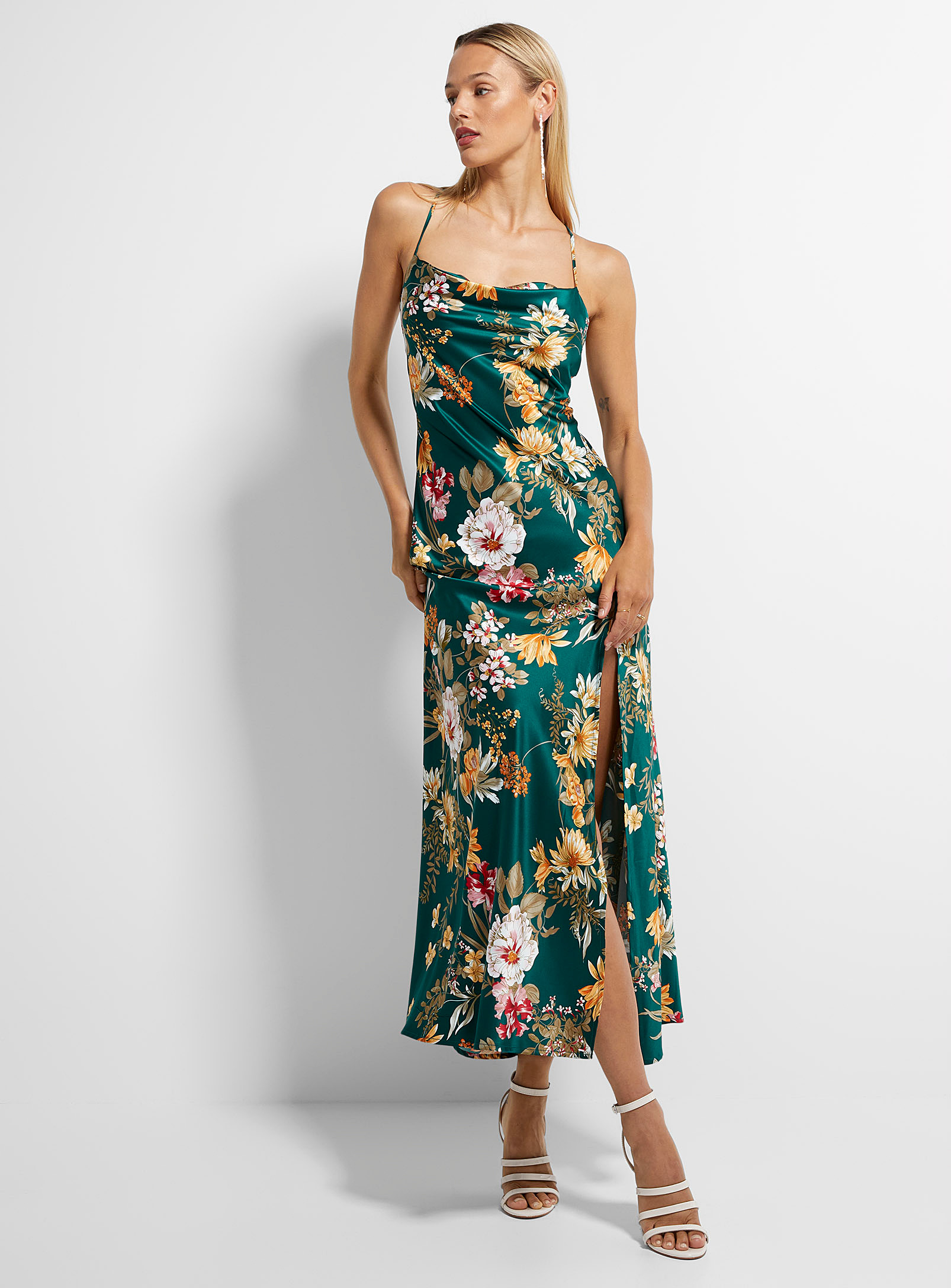 Icone Stunning Flowers Long Satiny Dress In Teal