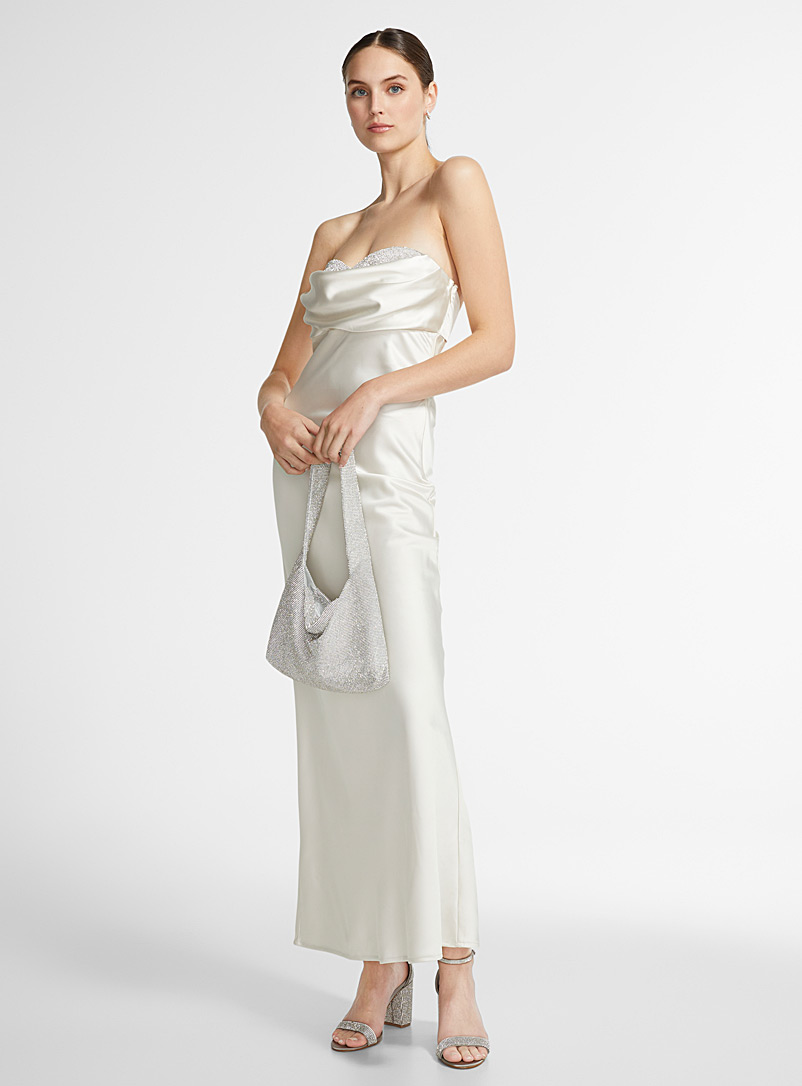 Icône Ivory White Ivory satin sparkling bustier long dress for women