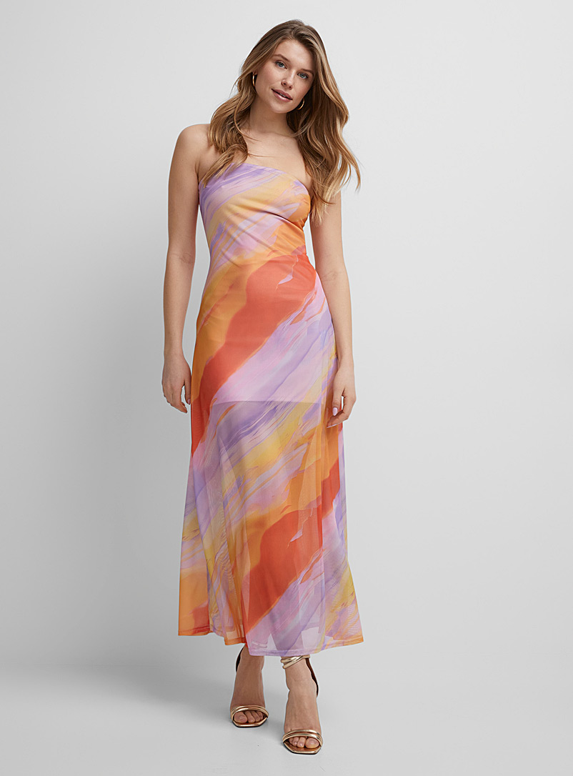 Icône: La longue robe tube microfilet soleil couchant Orange à motifs pour femme