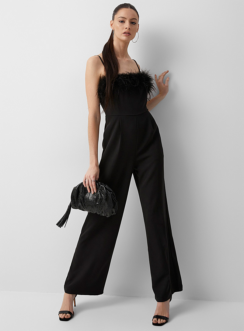 Icône Black Fur-trim black jumpsuit for women