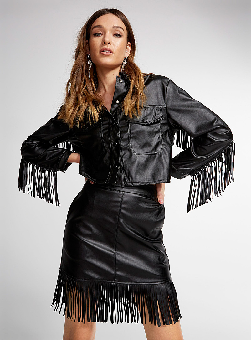 Icône Black Fringes faux-leather cropped blazer for women