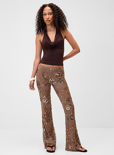 Twik Chocolate/Espresso Beaded and sequined flowers flared pant for women