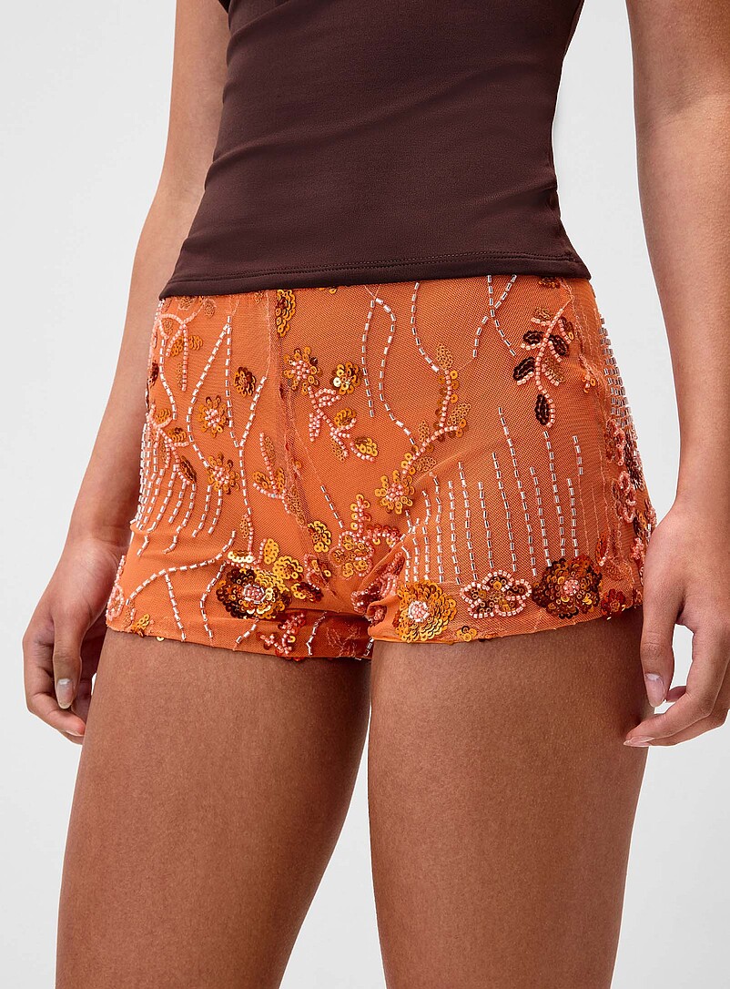 Twik Coral Orange Beaded and sequined flowers minishort for women