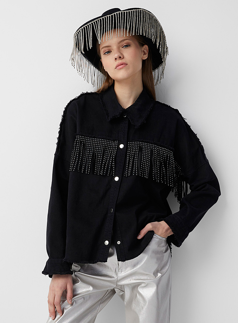 Twik Black Glittering suede fringes jean jacket for women