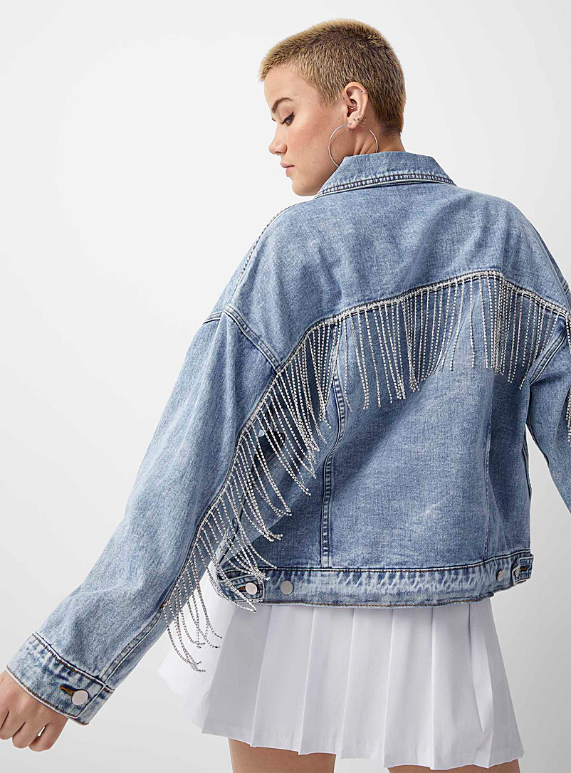 Twik Slate Blue Rhinestones fringes trucker jean jacket for women