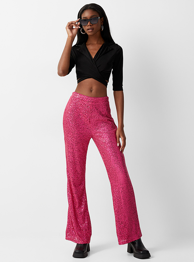 Twik Medium Pink Sequined flare pant for women