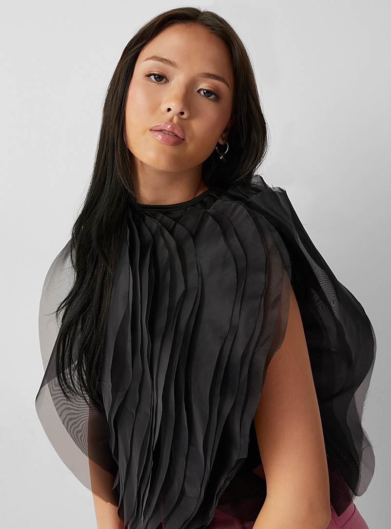 Twik: La blouse bulle feuilles d'organza Noir pour femme