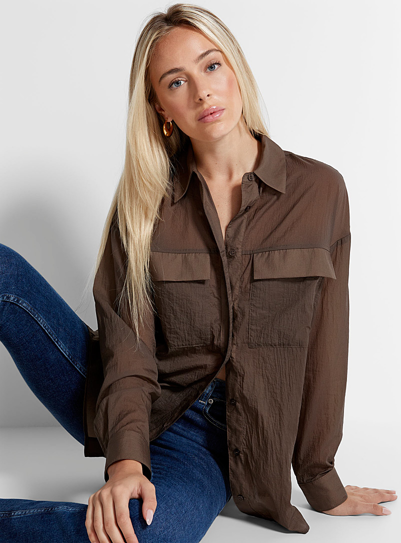 Icône Brown Loose recycled nylon shirt for women