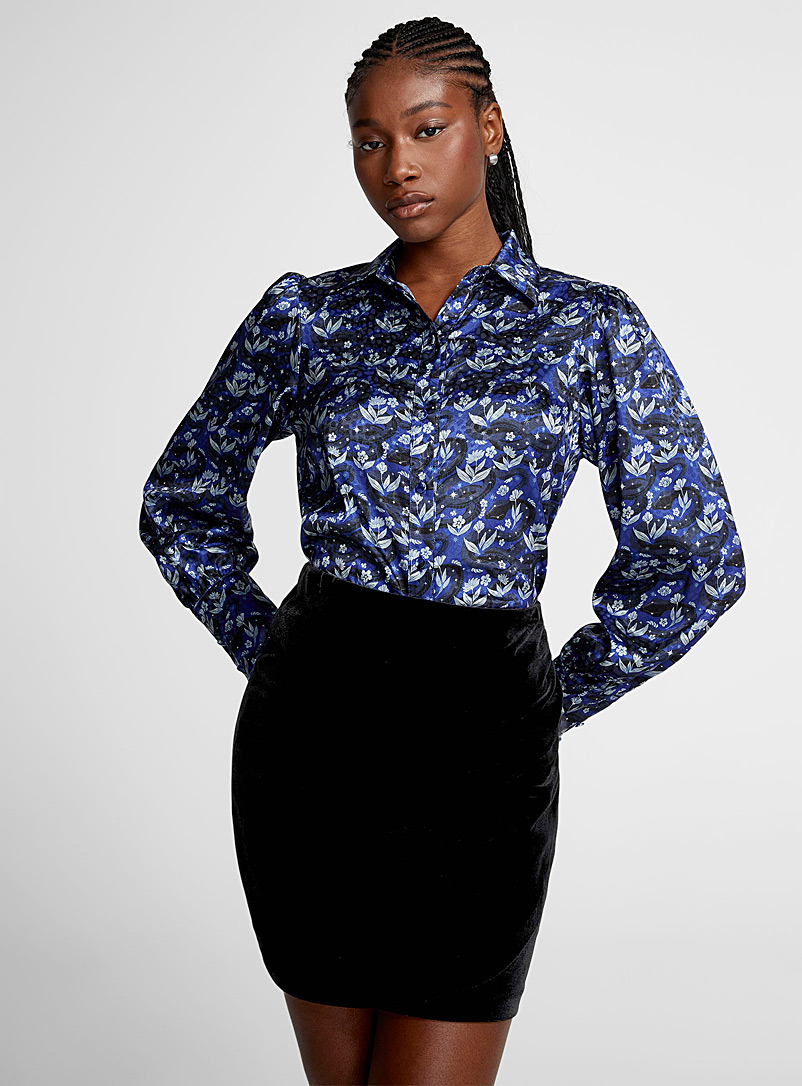 Icône: La chemise imprimée jacquard satiné Bleu pour femme