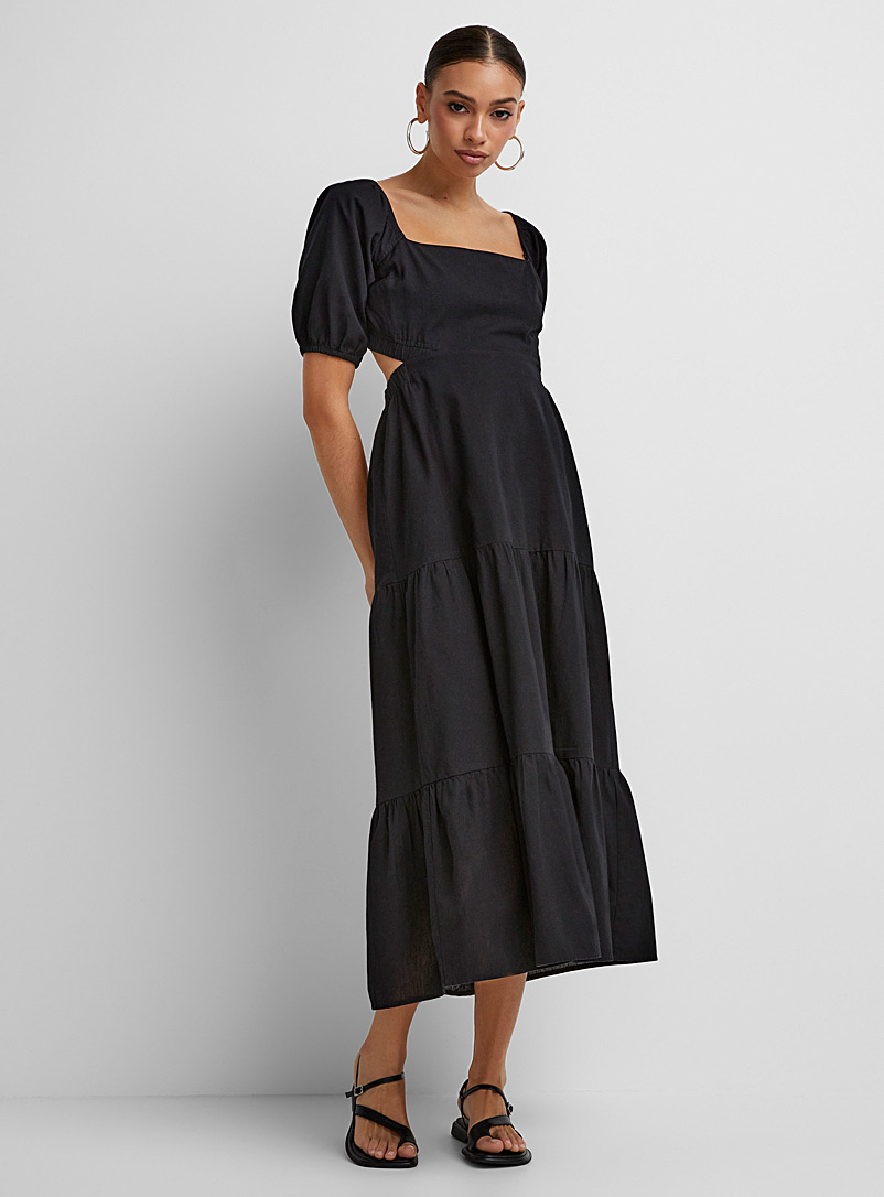 Icône: La longue robe dos ouvert touche de lin Noir pour femme