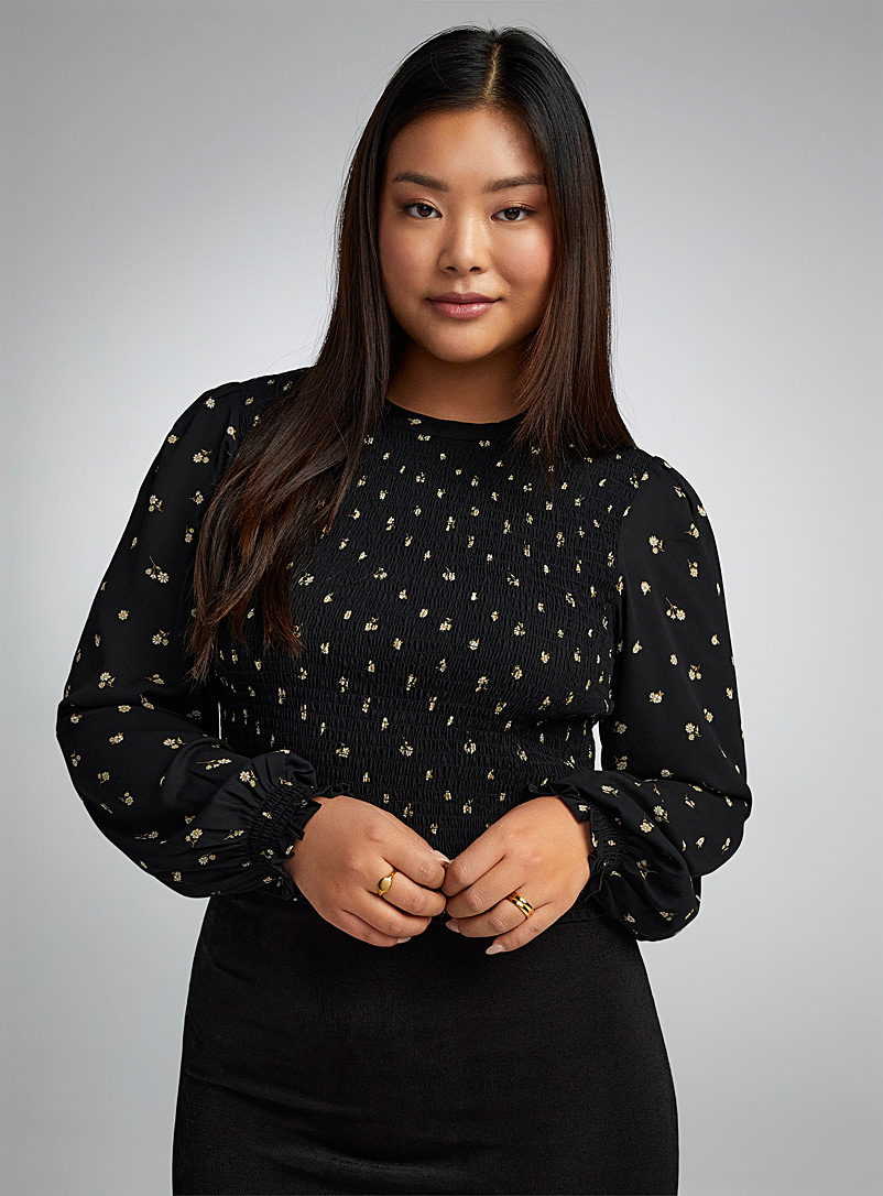 Twik Patterned Black Smocked puff-sleeve blouse for women