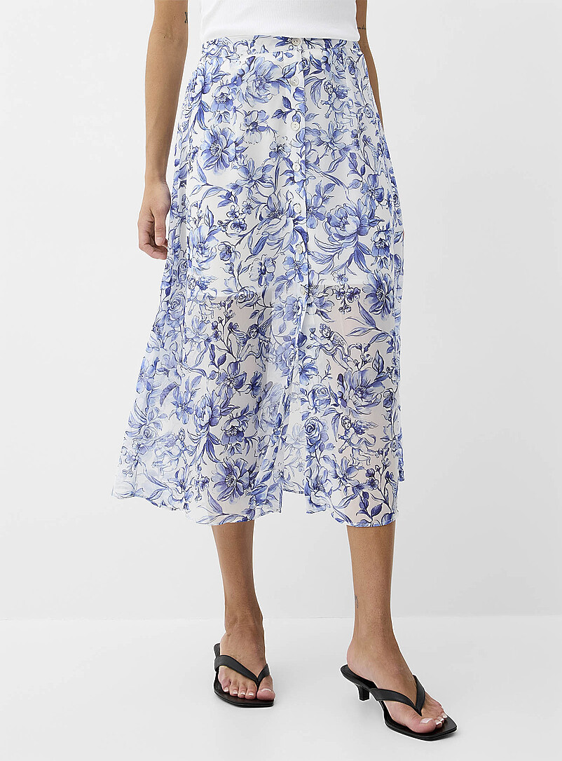 Ic&ocirc;ne: La jupe midi boutonn&eacute;e chiffon diaphane Bleu &agrave; motifs pour femme