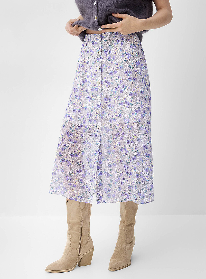 Ic&ocirc;ne: La jupe midi boutonn&eacute;e chiffon diaphane Pourpre &agrave; motifs pour femme