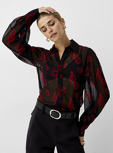 Ic&ocirc;ne: La blouse manches bouffantes chiffon diaphane Noir pour femme