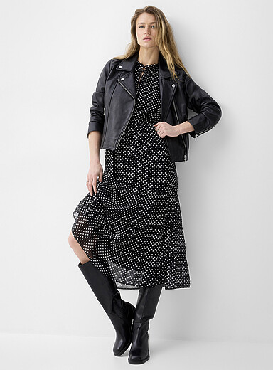 Sheer chiffon ruffled-collar midi dress