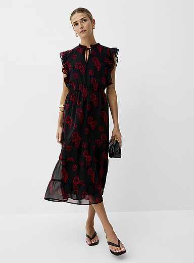 Sheer chiffon ruffled-collar midi dress