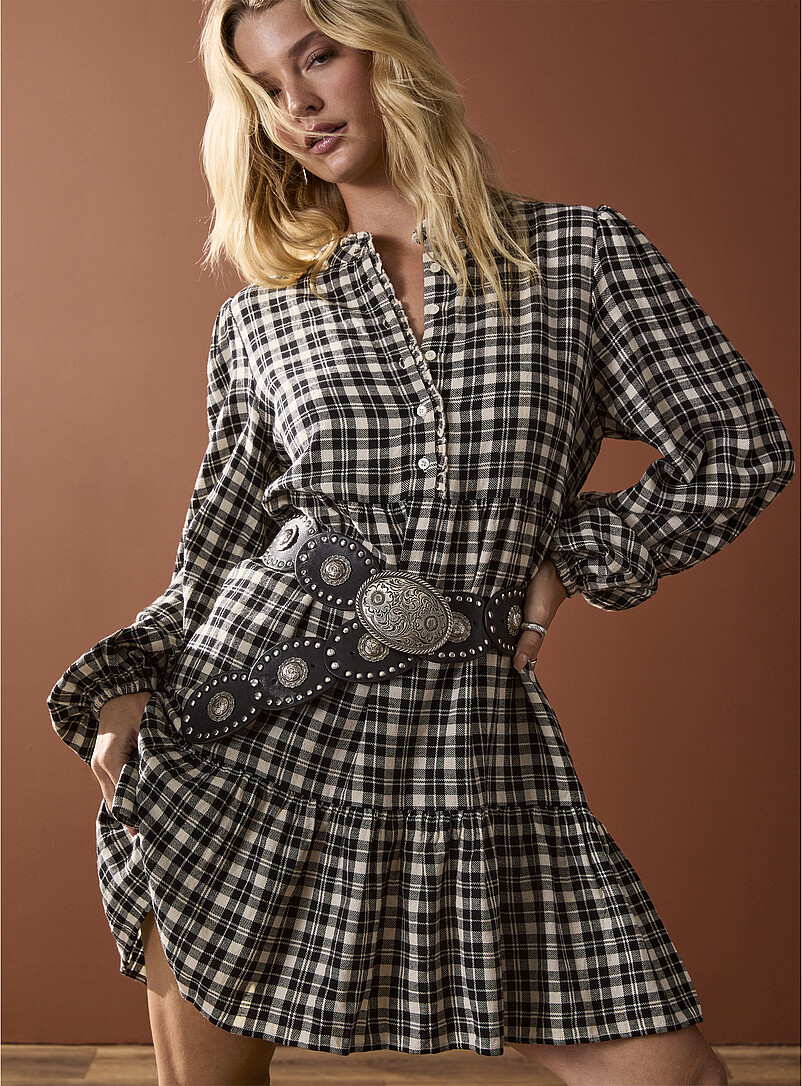 Touch of linen puff-sleeve plaid minidress | Icône | Women's Short