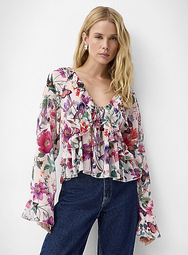 Ic&ocirc;ne: La blouse &agrave; volants chiffon diaphane Rouge &agrave; motifs pour femme