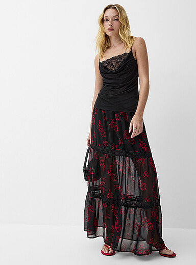 Ic&ocirc;ne: La jupe maxi &eacute;tag&eacute;e chiffon et dentelle Noir &agrave; motifs pour femme