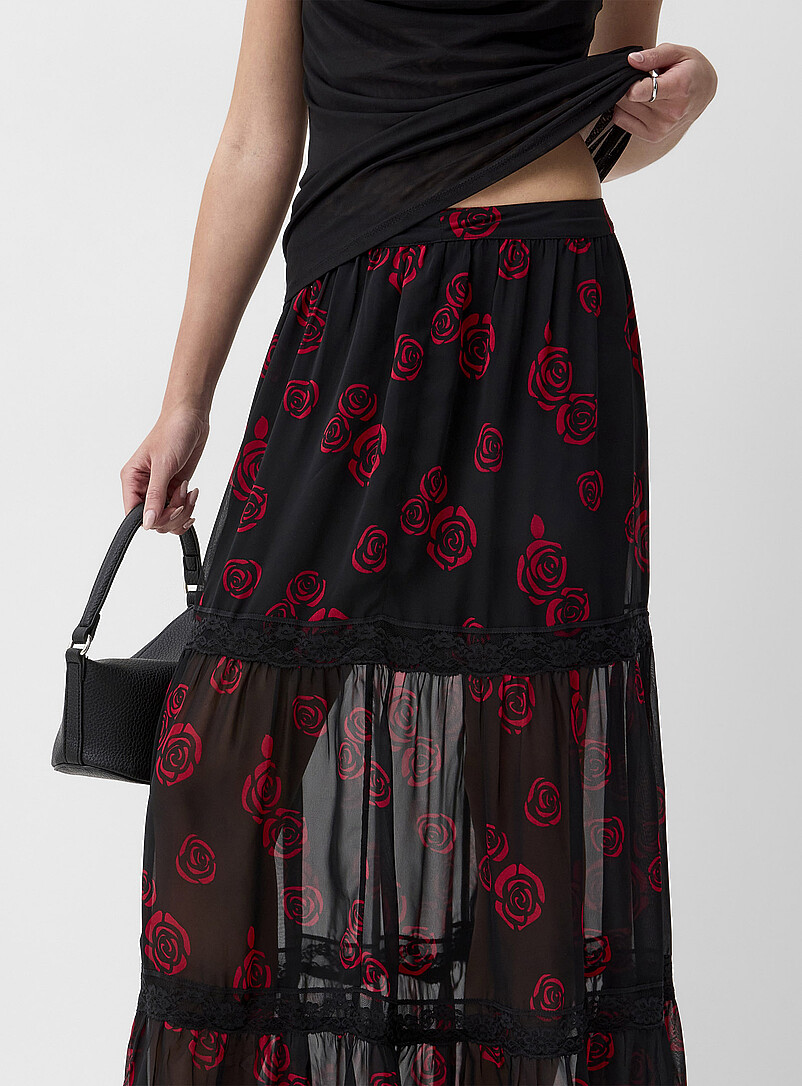 Ic&ocirc;ne Patterned Black Chiffon and lace tiered maxi skirt for women