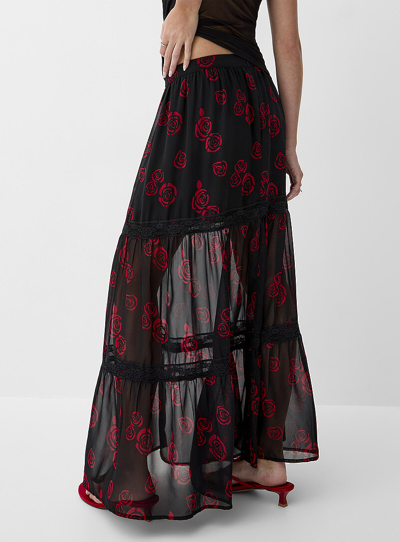 Ic&ocirc;ne: La jupe maxi &eacute;tag&eacute;e chiffon et dentelle Noir &agrave; motifs pour femme