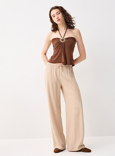 Twik Sand Viscose and linen wide-leg pant for women