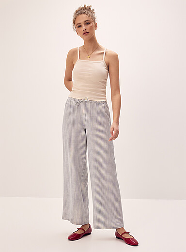 Patterned linen-blend wide-leg pant