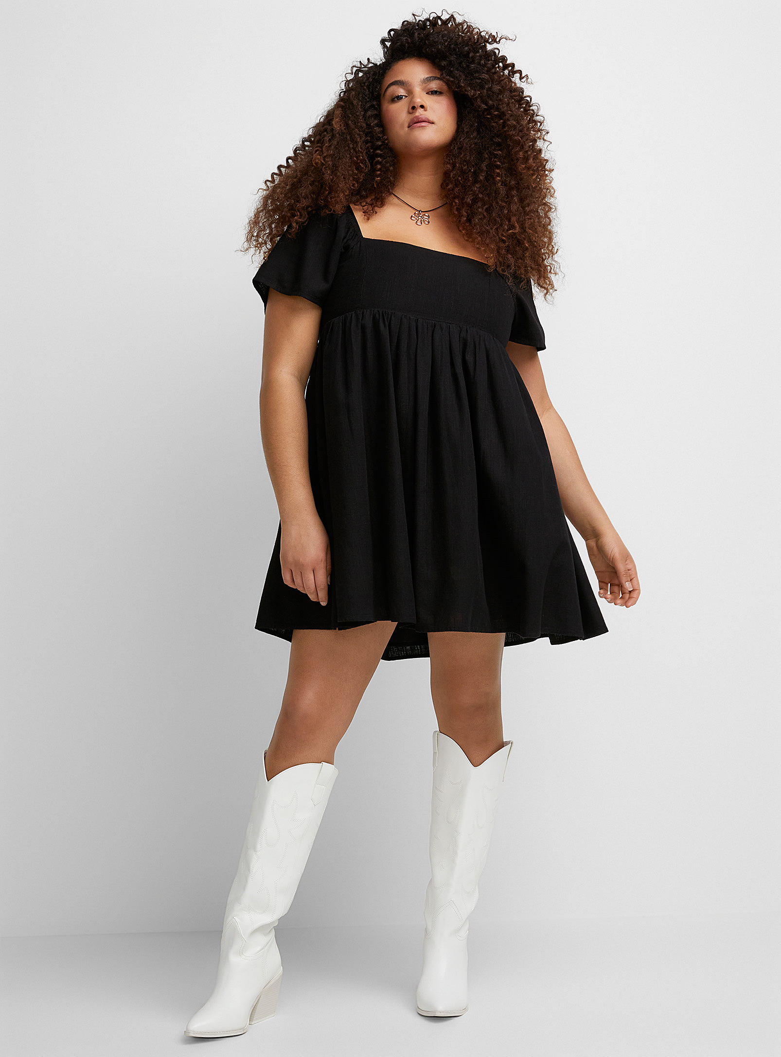 Twik Touch Of Linen Square-neck Babydoll Dress In Black