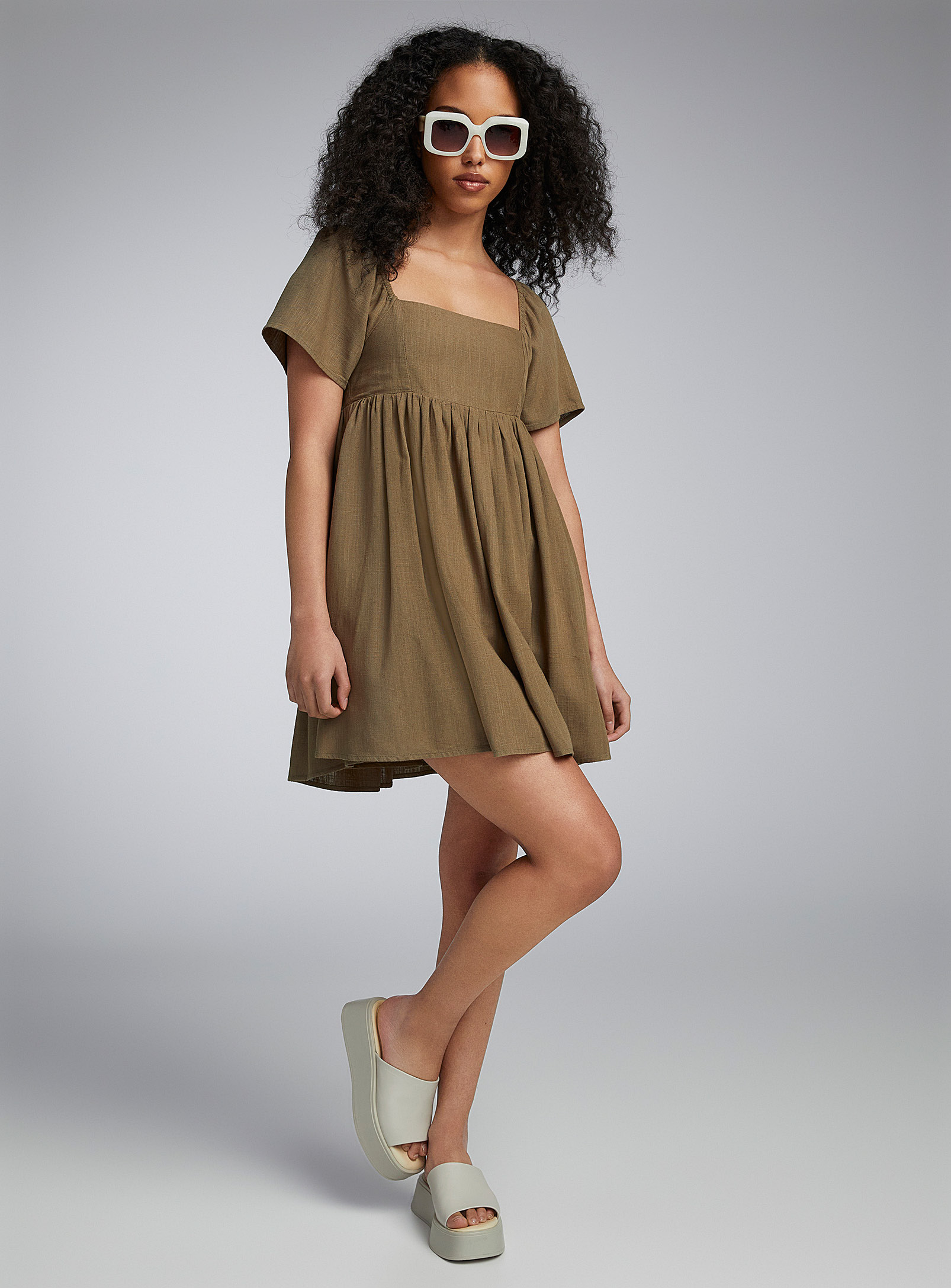 Twik Touch Of Linen Square-neck Babydoll Dress In Khaki/sage/olive