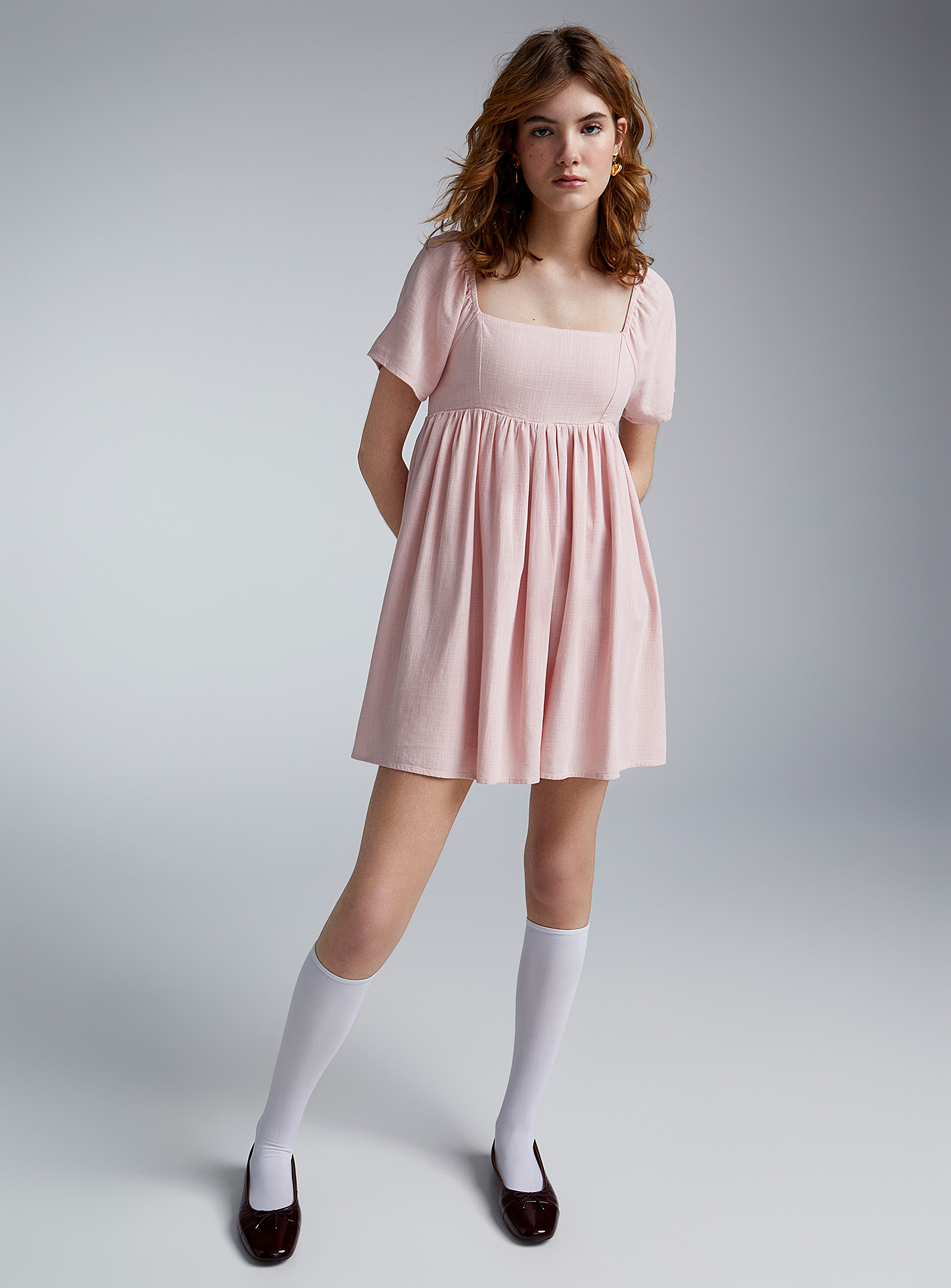 Twik Touch Of Linen Square-neck Babydoll Dress In Dusky Pink