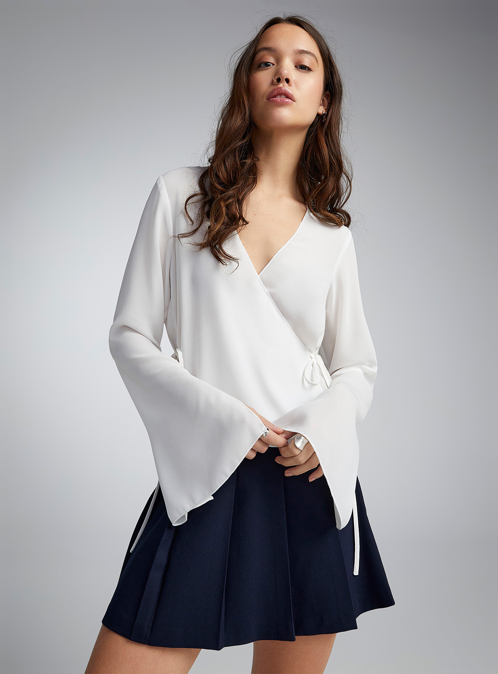Twik Fluted Sleeves Crossover Blouse In White