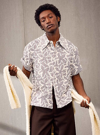 S&eacute;fr: La chemise Dayot ray&eacute;e fleurs effiloch&eacute;es Brun &agrave; motifs pour homme