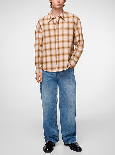 S&eacute;fr Ivory/Cream Beige Fluid plaid flannel shirt for men