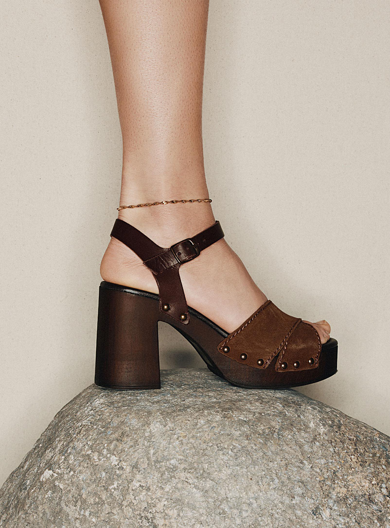 Simons Brown Studded criss-cross straps platform sandals Women for women