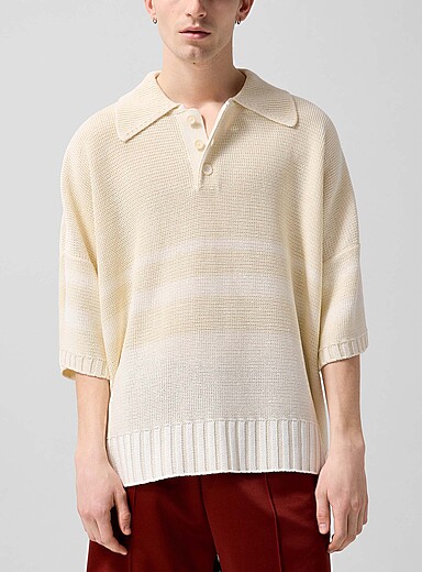 Wales Bonner Off White Calm block stripes paper knit polo shirt for men