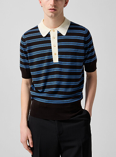 Wales Bonner Patterned Brown Contrast collar 100% merino striped polo for men