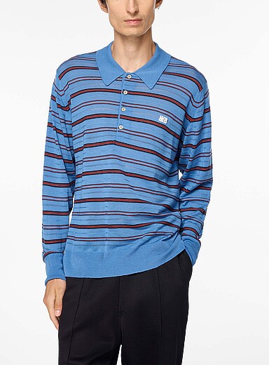 Wales Bonner: Le polo ray&eacute; ajour&eacute; Beam Bleu &agrave; motifs pour homme
