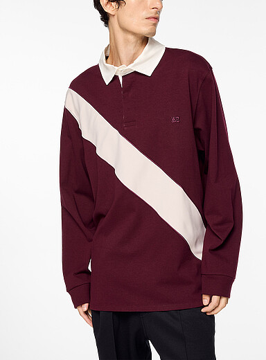Wales Bonner: Le long polo rugby rayure diagonale Prism Bourgogne pour homme